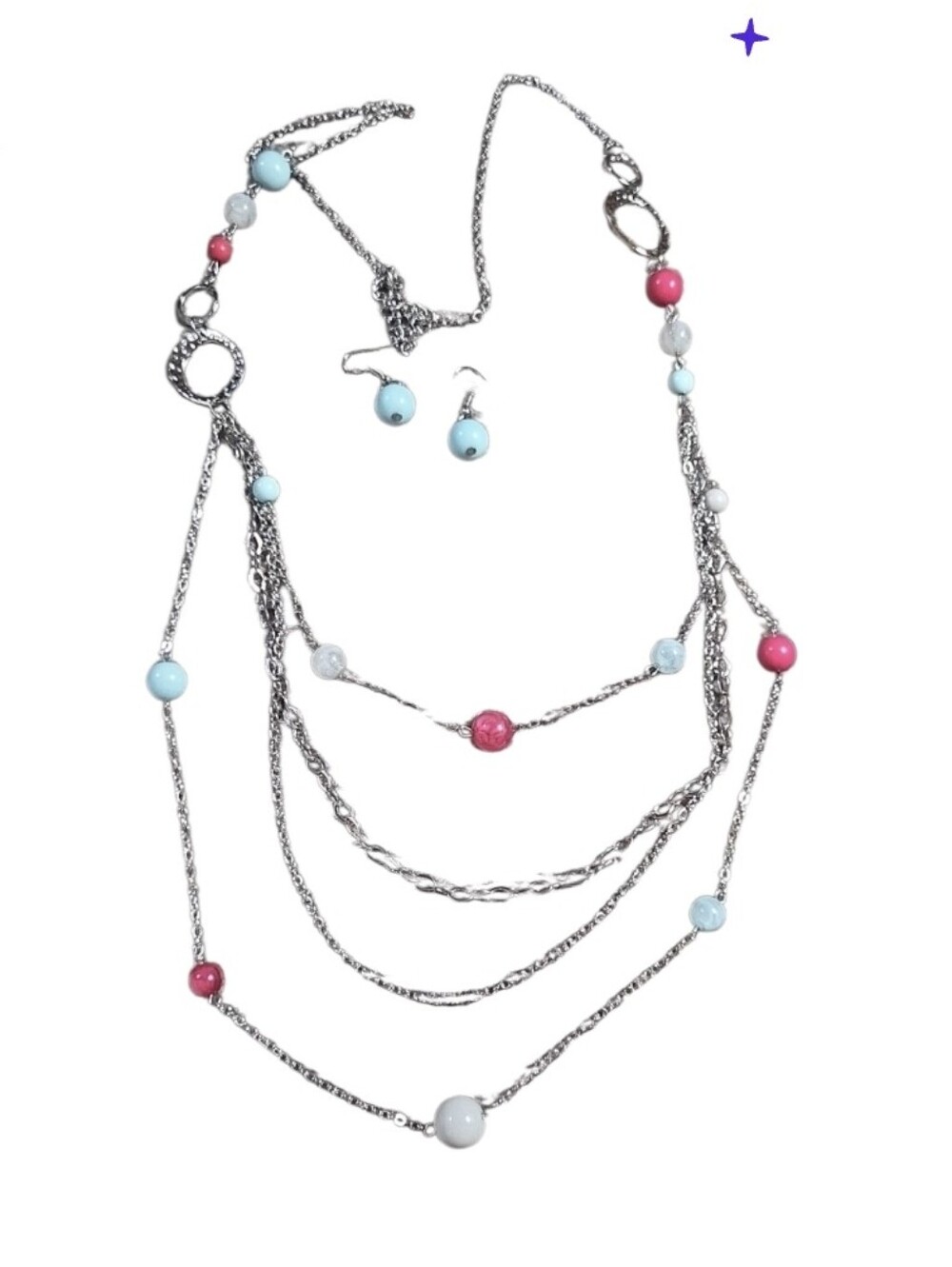 Multi-Strand Silver Necklace Set with Pink & Light Blue Beads - Pink Earrings